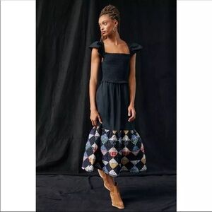 Anthropologie Othilia Quilted Hem Black Ruched Smocked Top Cotton Dress M